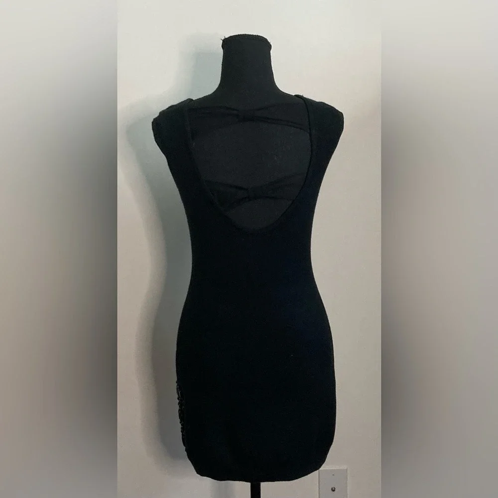 Bebe Black Studded Beaded Bodycon Mini Dress Open Back Bow Detail Sleeveless - Picture 8 of 10